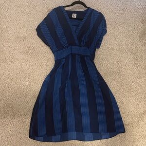 Anne Klein Navy & Royal Blue Striped V-Neck Dress